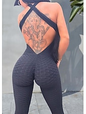 tanie Zestawy i jednoczęściowe-Damskie Dres Kombinezon treningowy Śpiochy dla dorosłych Skrzyżowane ramiączka Jednokolorowe Getry Body Kombinezon Lato Wiosna Czarny Biały Spandeks Trening w siłowni Zdatność Joga Wysoka talia