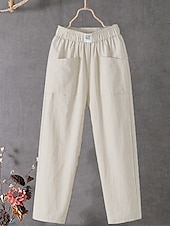 cheap Plain Cotton Linen Pant-Women&#039;s Normal Cotton Linen Pants Chinos Baggy Pants Solid Comfort Ankle-Length Mid Waist Side Pockets Elastic Waist Baggy Comfort Micro-elastic Casual Daily Black White Red Green Summer Spring Fall