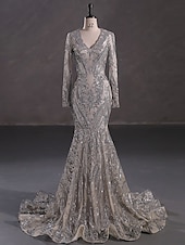 preiswerte Rosa-Meerjungfrau Pailletten Abendkleid Elegantes Kleid Karneval Formale Gerichts Zug Lange Ärmel V-Ausschnitt Afroamerikanische Spitze Maskerade Kleid 2025
