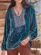 economico Tops Boho-camicia da donna camicia boho camicetta velluto base stampa floreale manica lunga top regolari scollo a V festa capodanno giallo rosso viola grigio primavera autunno