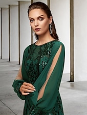economico Lunghezza del pavimento-Abito madre della sposa a sirena per invitati a matrimoni elegante brillante scollo gioiello strascico/traine in chiffon maniche lunghe con applicazioni in paillettes 2025 taglia personalizzata
