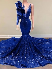 halpa Merenneito Illan Mekot-Trumpetti merenneito Hovilaahus Tanssiaismekot Iltapuku Ball Gown Muodollinen mekko Tyylikäs Kimmaltava ja hohtava Pitkähihainen Yksiolkaiminen Kihlaus Muodollinen iltajuhla Paljetein koristeltu