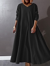 preiswerte Übergrößenkollektion-Damen-Freizeitkleid in Übergröße, reine Farbe, V-Ausschnitt, lange Ärmel, Winter, Herbst, Basic, lässig, Maxi-langes Kleid, tägliches Urlaubskleid