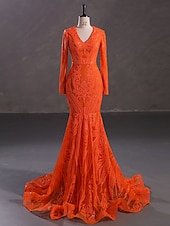 preiswerte Rosa-Meerjungfrau Pailletten Abendkleid Elegantes Kleid Karneval Formale Gerichts Zug Lange Ärmel V-Ausschnitt Afroamerikanische Spitze Maskerade Kleid 2025