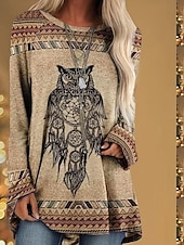 levne Boho tričko-Dámské Tunika Tričko Grafika Zvíře Zvířecí vzor Vinobraní Západní retro Dlouhý rukáv Kulatý Běžné topy Ležérní Denní zvířecí motiv Sova 1 Sova 2 Jaro &amp; podzim Podzim zima