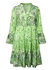 olcso Alkalmi virágos ruhák-női műszakos ruha bohó ruha térdig érő ruha rózsaszín hosszú ujjú virágos fodros smocked print nyár tavasz ősz v nyak boho alkalmi flare mandzsetta ujj 2023 4xl