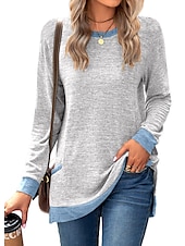 お買い得  プレーンTシャツ-女性用 Tシャツ カラーブロック ベーシック 長袖 パフスリーブ ラウンドネック レギュラートップス バレンタイン 日常 プリント ブラック アーミーグリーン ルビーレッド ライトブラウン ブルー 秋冬