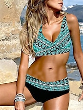 abordables Ensemble de bikinis-Femme Grande Taille Maillots de Bain 2 pièces Robe de Bain Slip Brésilien Maillot de bain 2 Pièces Maillots de bain modestes Dos ouvert Imprimé Vacances Mode Géométrique Col en V Sans Manches