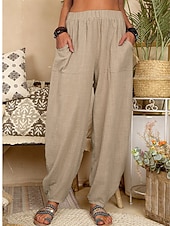abordables Bas-Femmes Pantalon d'été 100% Coton Pantalons Amples Pantalon sarouel Confort Longueur cheville Naturel Couleur Unie Avec Poches Taille Élastique Décontracté Kaki Noir Blanche Vert Véronèse Ét