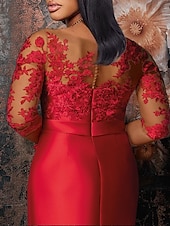 voordelige ROOD-Zeemeermin Rode Groene Jurk Plus Size Curve Formele Jurken Plus Size Jurk Formele Bruiloft Gast Vloer lengte Halve Mouw Juwelen Hals Satijn met Applicaties Bandjes