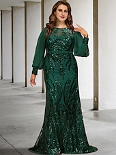 olcso Padlóhossz-Hableány plus size hajlékony menyasszonyi anyák ruhái elegáns ruha formális esküvői vendég söprés  ecset vonal hosszú ujjú ékszer nyakú sifon flitterekkel egyedi méretben