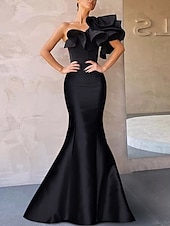 abordables ROUGE-Robe de Soirée Sirène Corsets Robe Invité de Mariage Formel Longueur de Sol Sans Manches Une Épaule Taffetas avec Volants Fleurs à l&#039;Épaule Robe Mascarade 2025