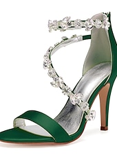 billige Cocktail-marineblå sateng-stiletthæler for kvinner med rhinestone-pynt - elegante bryllupssko for formelle anledninger og cocktailbegivenheter