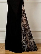 cheap BLACK-Mermaid Mother of the Bride Dress Wedding Guest Formal Evening Elegant Party Jewel Neck Floor Length Lace Velvet Long Sleeve No with Appliques Color Block