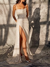 abordables Robes de bal de promo-Robes de Bal de Mariage Plage Sirène Robe Brillante Robe Invité Mariage Fête Longueur De Sol Sans Manches Col Creux Mariage d&#039;Automne Réception Tulle avec Robe Mascarade Ruched