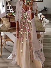 preiswerte Ausgefallene Kleider-Damen kleid lang Casual kleid Kleid-Set Zweiteiliges Kleid Etuikleid Modisch Outdoor Täglich Ausgehen Lockere Passform Farbverlauf Stammes Blume Langarm V Ausschnitt Rosa Braun Grün Aprikose Sommer