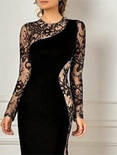 cheap BLACK-Mermaid Mother of the Bride Dress Wedding Guest Formal Evening Elegant Party Jewel Neck Floor Length Lace Velvet Long Sleeve No with Appliques Color Block
