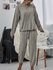 cheap Women&#039;s Sleepwear-Women&#039;s Pink Fleece Pajamas Nighty Pjs Sets 2 Pieces Pure Color Sport Simple Comfort Party Home Street Warm Gift Long Sleeve Hoodie Pant Elastic Waistband Winter Fall Home Outfits