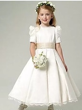baratos Vestidos para Menina das Flores de Casamento-Vestido de Menina das Flores A-Line Comprimento até o Tornozelo Primeiro Comunhão Meninas Vestido de Prom Bonito Cetim com Faixa  Fita Estilo Real Ajuste de 3-16 Anos para Impressionar