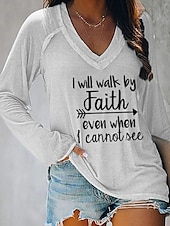 preiswerte Humor &amp; Zitate T-Shirt-Damen T Shirt Text Basic Langarm V Ausschnitt Normale Oberteile Valentinstag Täglich Wochenende Bedruckt Weiß Rosa Blau Grün Grau Herbst Winter