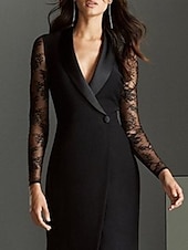 economico Lunghezza del pavimento-Abito Mermaid per Madre della Sposa Abito Tuxedo Ospite di Matrimonio Elegante Alta Fessura V Collo Lunghezza Intera Pizzo Tessuto Stretch Manica Lunga con Appliques Fessura Frontale taglia su misura
