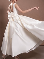 cheap Little White Dresses-Reception Simple Wedding Dresses Wedding Dresses A-Line Off Shoulder Cap Sleeve Tea Length Satin Bridal Gowns With Pleats Ruched  dress to impress Fall Wedding 2025