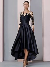 ieftine Lungimea ceaiului-Rochie A-Line pentru mama miresei Rochie elegantă pentru invitați în stil înalt și jos gât rotund asimetrică lungime ceai din satin dantelă mânecă 3/4 cu pliseuri broderie 2025 mărime personalizată