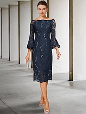 cheap Tea Length-Sheath Mother of the Bride Dress Wedding Guest Elegant Vintage Jewel Neck Tea Length Lace 3/4 Length Sleeve with Sequin 2025 free custom size