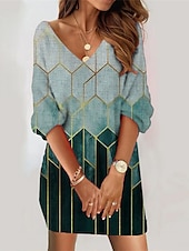 cheap Jumper Dresses-Women&#039;s Sweatshirt Dress Casual Dress Shift Dress Ombre Geometric Print V Neck Mini Dress Daily 3/4 Length Sleeve Spring Fall