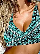 abordables Ensemble de bikinis-Femme Grande Taille Maillots de Bain 2 pièces Robe de Bain Slip Brésilien Maillot de bain 2 Pièces Maillots de bain modestes Dos ouvert Imprimé Vacances Mode Géométrique Col en V Sans Manches