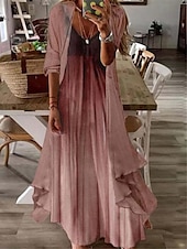 preiswerte Ausgefallene Kleider-Damen kleid lang Casual kleid Kleid-Set Zweiteiliges Kleid Etuikleid Modisch Outdoor Täglich Ausgehen Lockere Passform Farbverlauf Stammes Blume Langarm V Ausschnitt Rosa Braun Grün Aprikose Sommer