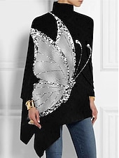 cheap Art&amp;Design tee-Women&#039;s T shirt Long Sleeve Plus Size Shirt Blouse Basic Butterfly Print Long Sleeve Regular Tops Turtleneck High Neck Casual Silver Black White Yellow Gray Spring Fall Prefall