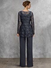 baratos Terninhos de calça da mamãe-Duas Peças Terninho Longo Vestido Para Mãe dos Noivos Manga Longa Scoop pescoço Elegante Formal Convidado do casamento Noite Formal Chiffon Renda com Lantejoulas