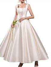 cheap Little White Dresses-Reception Simple Wedding Dresses Wedding Dresses A-Line Off Shoulder Cap Sleeve Tea Length Satin Bridal Gowns With Pleats Ruched  dress to impress Fall Wedding 2025
