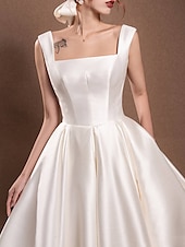 cheap Little White Dresses-Reception Simple Wedding Dresses Wedding Dresses A-Line Off Shoulder Cap Sleeve Tea Length Satin Bridal Gowns With Pleats Ruched  dress to impress Fall Wedding 2025