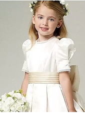 baratos Vestidos para Menina das Flores de Casamento-Vestido de Menina das Flores A-Line Comprimento até o Tornozelo Primeiro Comunhão Meninas Vestido de Prom Bonito Cetim com Faixa  Fita Estilo Real Ajuste de 3-16 Anos para Impressionar