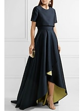 preiswerte Mamas Kleidersets-Zweiteiliges Sheath Mutter der Braut Kleid Hochzeitsgast Kirche Elegant Einfach Hoch Low Juwel-Hals Asymmetrisch Taffeta Kurzarm mit Falten Einfarbig 2025 kostenlose Maßanfertigung