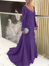 preiswerte Bodenlänge-Strandhochzeit Meerjungfrau Plus Size Curve Mutter der Braut Kleider Elegantes Kleid Formelle Hochzeitsgast Schlepp  Pinselzug Langarm V-Ausschnitt Spitze mit Applikationen 2025 kostenlose