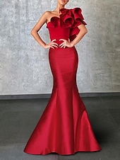 abordables ROUGE-Robe de Soirée Sirène Corsets Robe Invité de Mariage Formel Longueur de Sol Sans Manches Une Épaule Taffetas avec Volants Fleurs à l&#039;Épaule Robe Mascarade 2025
