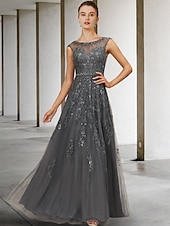olcso Padlóhossz-A vonalú menyasszonyi anyák ruha esküvői vendég elegáns luxus ékszer nyakú floor length csipke tüll ujjatlan sávval  szalaggal gyöngyözött flitterekkel egyedi méretben
