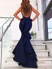 preiswerte BLAU-Meerjungfrau Abendkleid Offene Rückseite Kleid Formeller Hochzeitsgast Gerichtschleppe Trägerlos V-Ausschnitt Stretchstoff mit Schleife(n) Rüschen Maskerade Kleid 2025