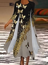 abordables Ensembles de robes-Femme Robe mi-longue Robe casual Robe Ensemble Robe deux pièces Robe d&#039;église Mode Extérieur du quotidien Sortie Standard Animal Papillon Manches 3/4 Col Ras du Cou Jaune Bleu Eté Printemps