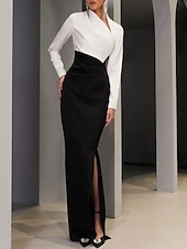 economico Lunghezza del pavimento-Abito per la madre della sposa a sirena Formale Ospite di matrimonio Elegante Alto Spaccato Collo a V Lunghezza del pavimento Tessuto elasticizzato Maniche lunghe con Davanti spaccato Blocco di