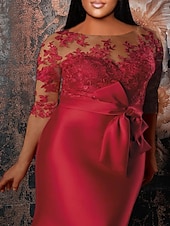 voordelige ROOD-Zeemeermin Rode Groene Jurk Plus Size Curve Formele Jurken Plus Size Jurk Formele Bruiloft Gast Vloer lengte Halve Mouw Juwelen Hals Satijn met Applicaties Bandjes