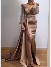 abordables Rose-Robe de soirée Sirène Robe Sequins Formelle Traîne cour Manches longues Col en V Invitée de mariage d&#039;automne Charmeuse avec fente Robe de masque 2025