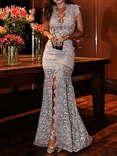 preiswerte Sekt-Mermaid Abendkleid Blumenkleid Hochzeitsgast Verlobung Sweep  Brush Train Ärmellos V-Ausschnitt Spitze mit Schlitz