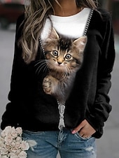 cheap Graphic shop Sweatshirts &amp; Hoodies-Women&#039;s Plus Size Sweatshirt Pullover Cat Street Casual Sports Basic Round Neck Long Sleeve Top Micro-elastic Fall &amp; Winter Comfrt Breathable Soft Fabric