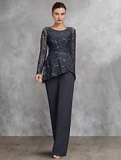 baratos Terninhos de calça da mamãe-Duas Peças Terninho Longo Vestido Para Mãe dos Noivos Manga Longa Scoop pescoço Elegante Formal Convidado do casamento Noite Formal Chiffon Renda com Lantejoulas