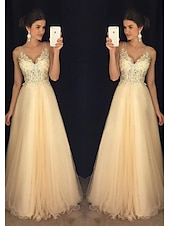 economico Abiti per feste da ballo-Abiti A-Line Oro per Ballo Abito in Paillettes Ospite di Matrimonio Formale Lunghezza Pavimento Senza Maniche Scollatura a V Tulle Retro a V con Applicazioni in Paillettes 2025