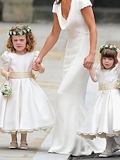 baratos Vestidos para Menina das Flores de Casamento-Vestido de Menina das Flores A-Line Comprimento até o Tornozelo Primeiro Comunhão Meninas Vestido de Prom Bonito Cetim com Faixa  Fita Estilo Real Ajuste de 3-16 Anos para Impressionar